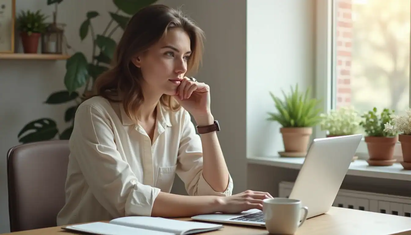 Kvinna arbetar vid skrivbordet hemma.